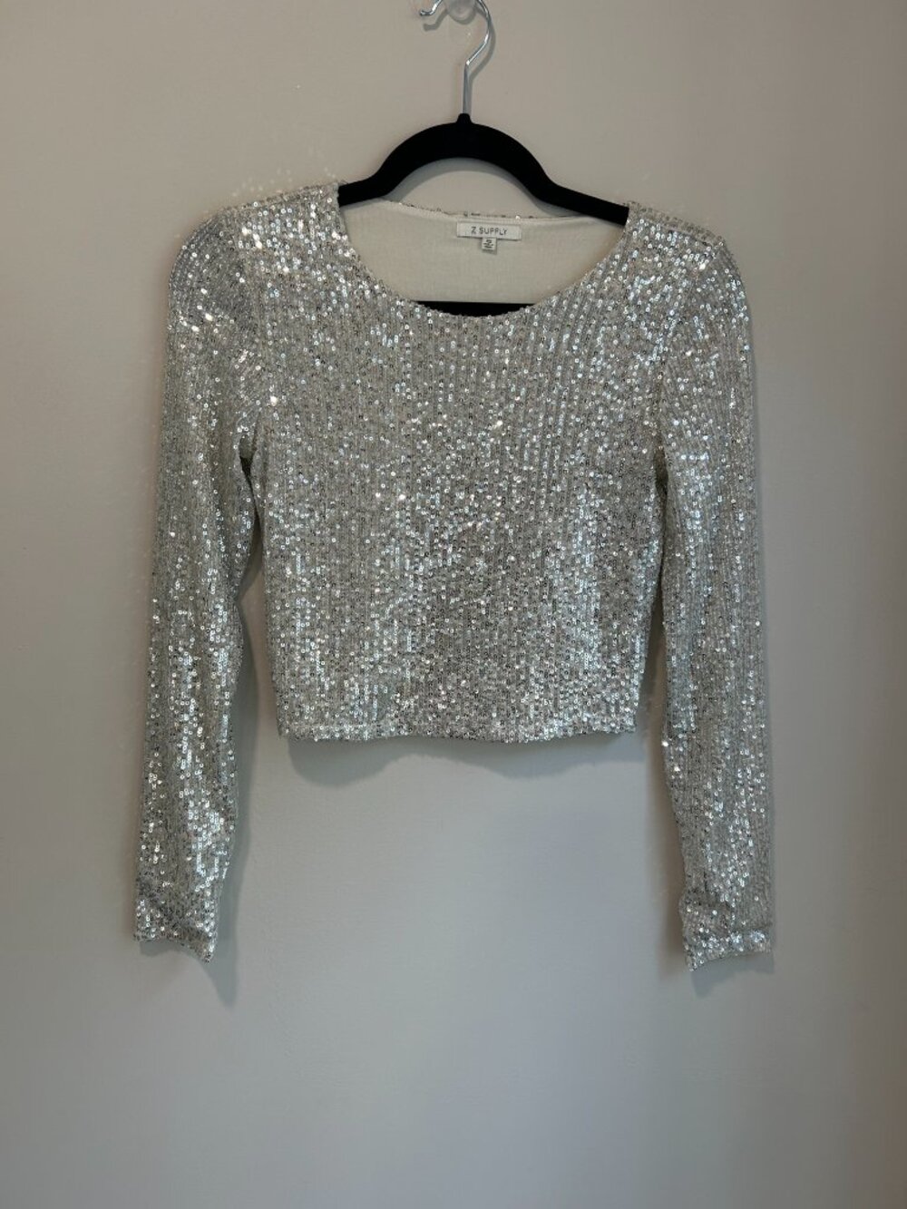 Z Supply Aurora Sequin Top XS Silver Long Sleeve Party Holiday Glam Crop Top - Picture 2 of 7